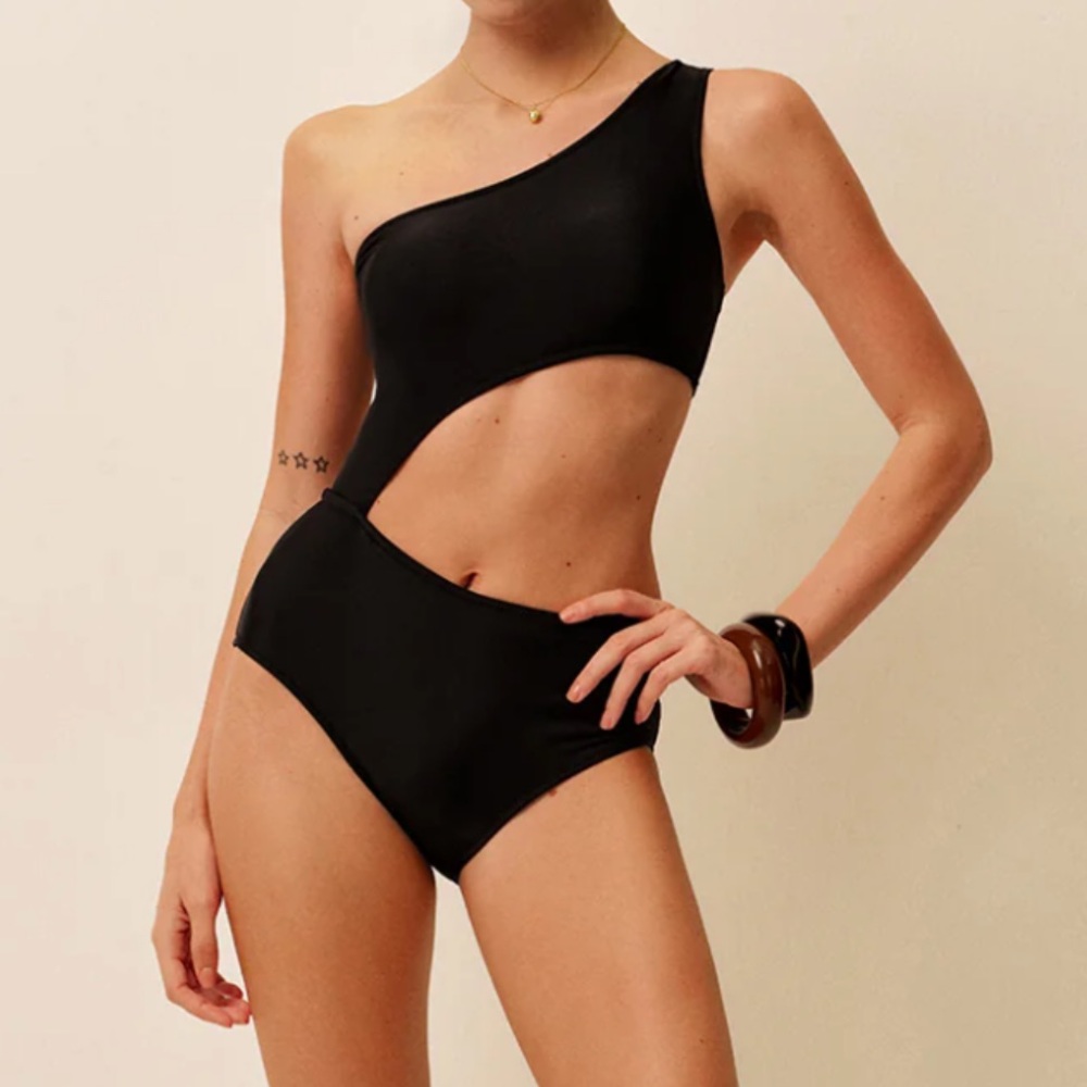 Sanctuary On The Water Cutout One Shoulder Swimsuit Size XL-12 Black Textured